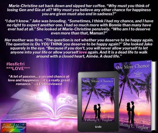 The cover of One More Chance, Book 1 in the The Dance series, on a pink and purple illuminated graphic background with beams of light shooting into the sky from an open book, a blurb from the book, and a review quote for LesFicFri: Theme is “LOVE”