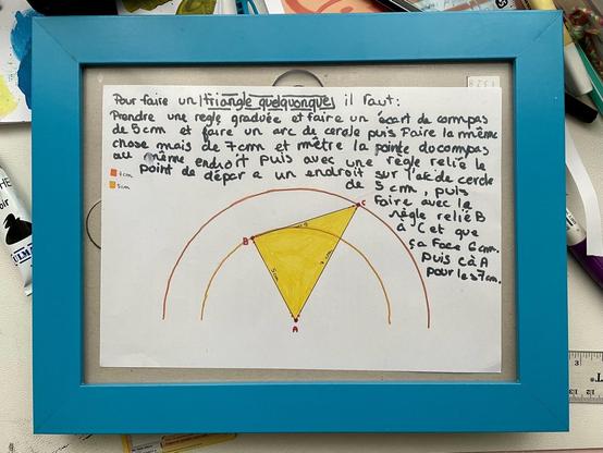 A framed instructional diagram on how to create a triangle. It features handwritten text in French explaining the steps, along with illustrations, including a triangle labeled with lengths of 5 cm and 7 cm. The background is a light color, and there's a