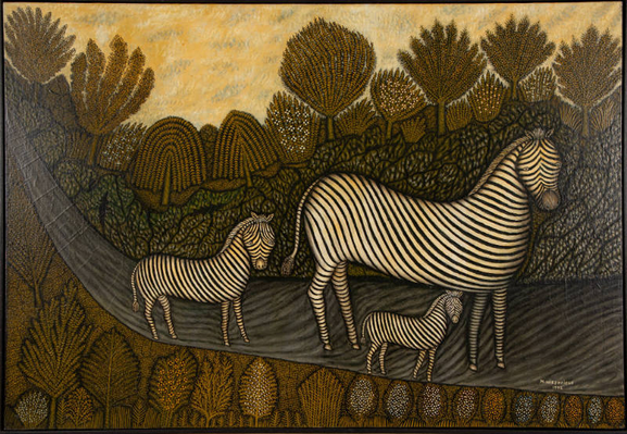 A contemporary painting of a family of zebras walking through a tropical setting. They are not realistically portrayed, and the entire canvas is heavy with pattern, reminiscent of embroidery or patchwork.