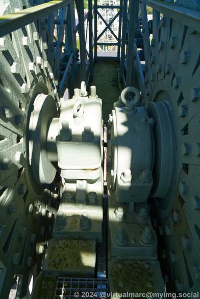 A photo between the wheels of the winding tower.