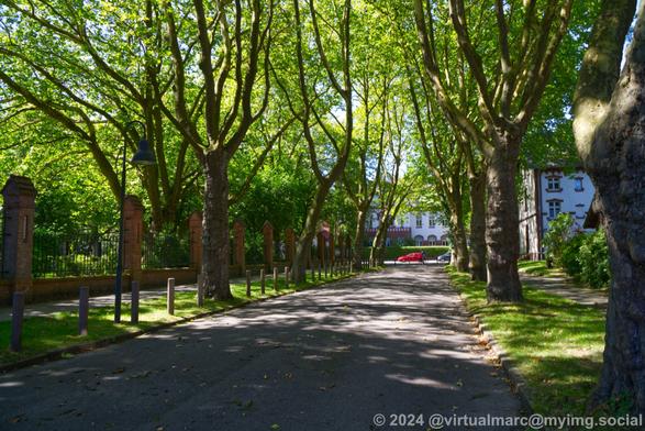 A photo of an avenue which leads to the main entrance buildings and gates of Zeche Zollern. The view is from the entrance away to the streets. There are Trees on both sides and an old brick and metal fence on the left where is parking lot is behind.