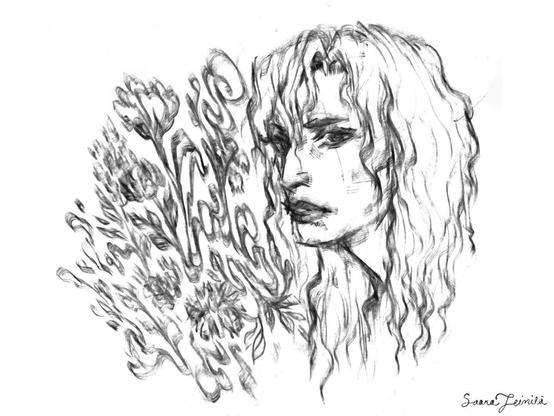 A calligraphy pen drawing with an androgynous character and flowers