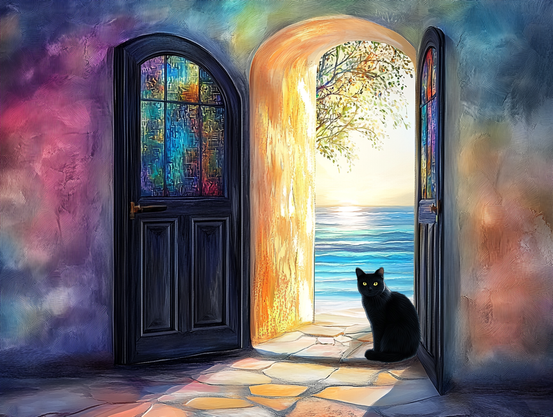 A black cat lurks by wide open doors with stained glass windows, at the threshold of a colorful mystical home, gazing at the viewer, with a glowing sunrise over the ocean in the background.