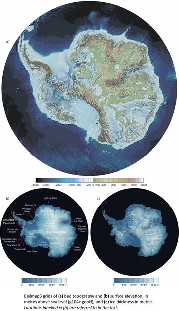 maps - Bedmap3 grids of (a) bed topography and (b) surface elevation, in metres above sea level (g104c geoid), and (c) ice thickness in metres. Locations labelled in (b) are referred to in the text