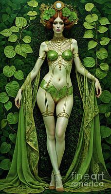 A regal figure stands poised, enveloped by lush green foliage, adorned with intricate, nature-inspired attire and accessories.