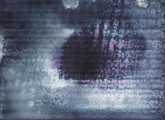 Ink color bleed method on cold pressed watercolor paper,
one of a series of styles and colors.
Patterned stripes of dark blue with pinkish patterned accents 
trailing endlessly

This piece has a name. I'm just not going to tell you right now. Terrible.