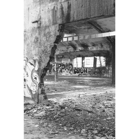 Friche industrielle. Au premier plan, un mur de bâtiment détruit qui laisse entrevoir l'intérieur. 
Photographie en noir et blanc