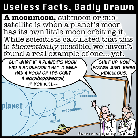 A moonmoon, submoon or sub-satellite is when a planet's moon has its own little moon orbiting it. While scientists calculated that this is theoretically possible, we haven't found a real example of one... yet.