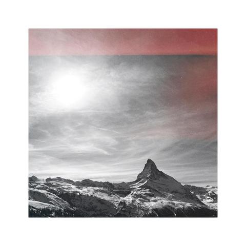 a black and white panorama shot of the matterhorn and it's surroundings. the sun is shining, clouds are structuring the sky. at the top of the image there‘s a subtle red bar