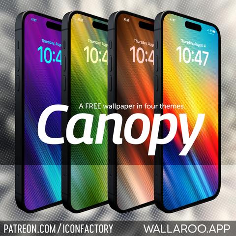 Four iPhones displaying lock screens of colorful waves of shades of blues, purples, browns and yellows, all with a subtle dot screen texture.

The title reads Canopy - A FREE wallpaper in Four Themes - patreon.com/iconfactory - Wallaroo.app
