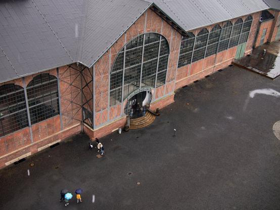 Color photo of the engine hall at Zollern colliery in Dortmund as seen from the headframe of shaft II.