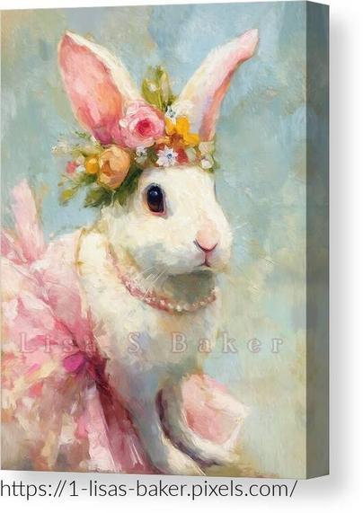 An art print of an adorable white bunny wearing a tutu, pearl necklace and floral crown. Art by Lisa S Baker.