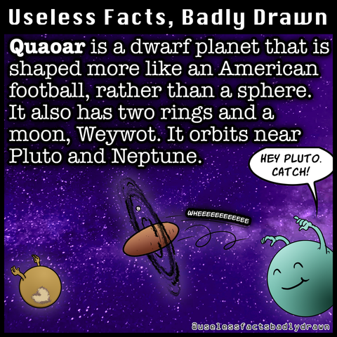 Quaoar is a dwarf planet that is shaped more like an American football, rather than a sphere.
It also has two rings and a moon, Weywot. It orbits near Pluto and Neptune.