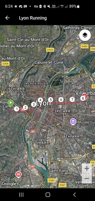 itinerary over satellite map straight from Lyon 5th district eastward to Villeurbanne