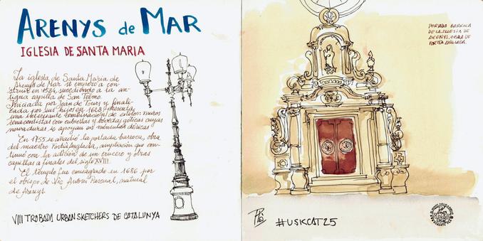 A la derecha la portada de la Iglesia dibujada con pluma y coloreada con acuarela, a la izquierda la farola y la rotulación con un breve resumen de la historia de la iglesia,
