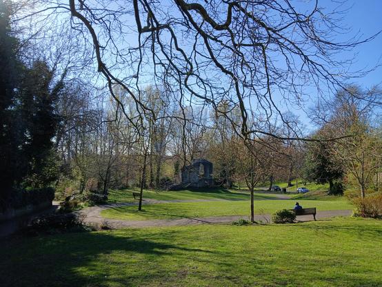 An open field with paths in and trees. It leeds to a wooded area and there are ruins in the background