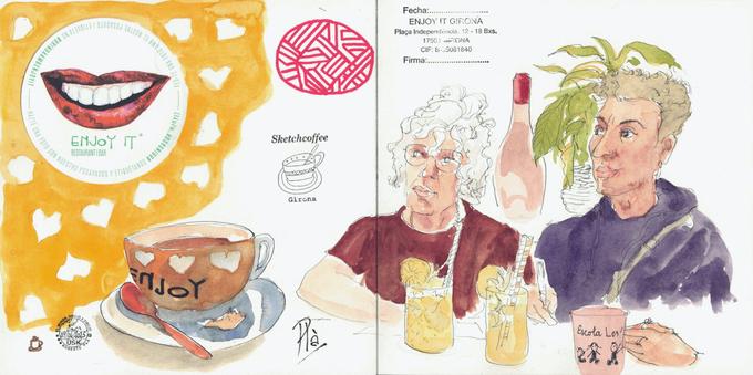 Barme y cinta retratadas en el bar Enjoy it, con la taza de café y un posavasos del establecimiento. Dibujo con pluma coloreado con acuarela.