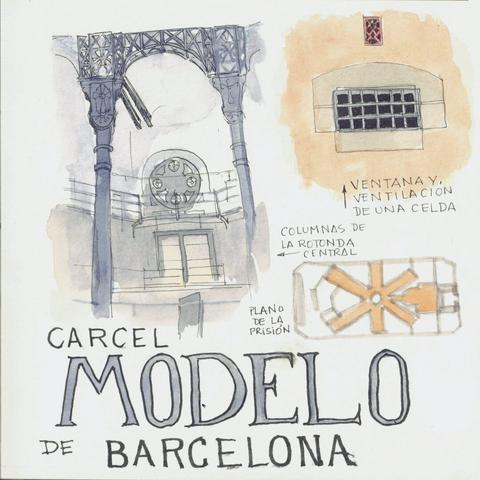 Columnas y arco de la rotonda central de las galerias, ventana de una celda al pario y pequeño plano de la instalacion con el rótulo del dibujo "Cárcel Modelo, Barcelona. Dibujado con estilográfica y coloreado con acuarela.