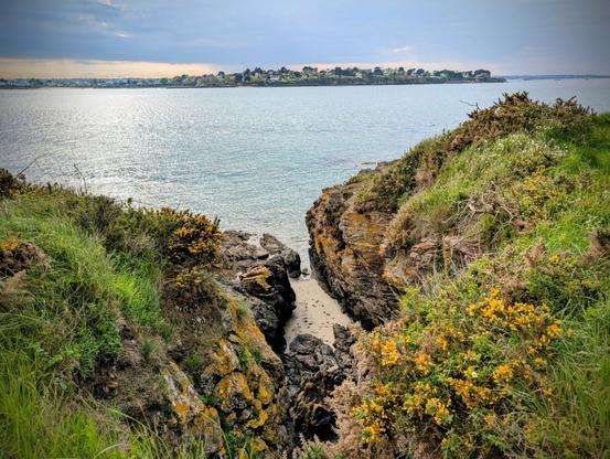 La côte avec l'océan, un petit bout de plage, des rochers et un mélange d'herbes et de genêts. Le ciel est orageux mais encore beau.