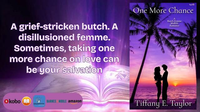 The book cover of One More Chance by Tiffany E. Taylor on an illuminated light and dark purple graphics background with a light shooting up from a rendered book illustration, the book blurb, and the purchase location icons.