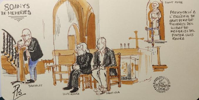 Dibujo hecho con pluma, boligrafo y pincel de tinta color sepia. Se ve a los participantes ante el altar mayor de Sanr Pere