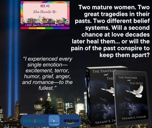 The IHS graphic for the weekly category of Main Character 40+ on a background of New York City at night with two blue beams shooting into the sky to represent the fallen Twin Towers, the book cover of The Panther and the Dove by Tiffany E. Taylor, the book blurb, and the icons that show the digital buy locations.