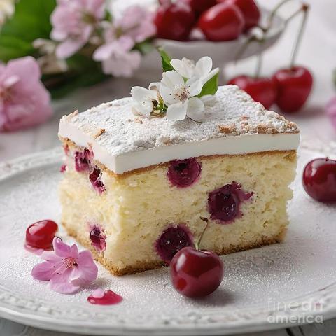 A slice of cake is adorned with cherries and a dusting of powdered sugar, topped with delicate white blossoms. The dessert is surrounded by fresh cherries and pink flowers, creating an elegant and appetizing presentation.