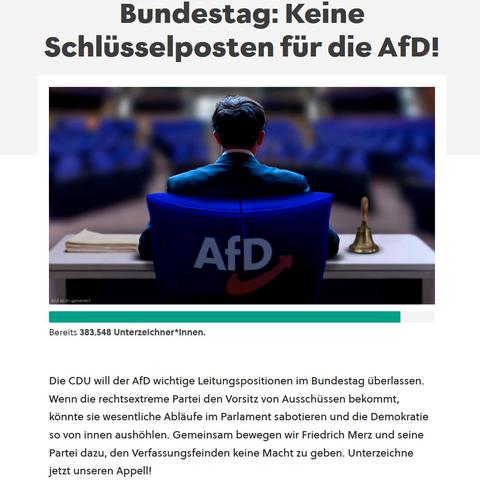 Screenshot der Petition. Ein Mann sitzt in einem Bürostuhl vorm Bundestag mit #noafd-Logo.