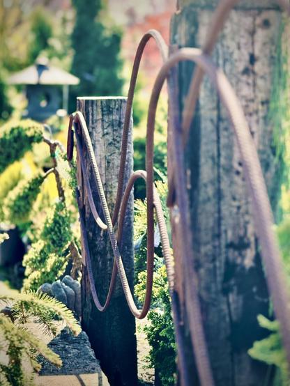 A set of interweaving rebar fixed to wooden posts partially conceals a beautiful, bright green nursery behind it, with a small stone hut structure in the distance on a sunny day.