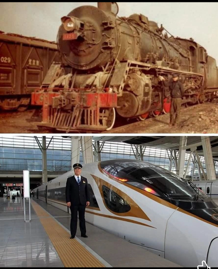Same driver, 26 years apart -photo from 1996 shows him with a SY-class steam loco; 26 years later, he stands before a modern high-speed train