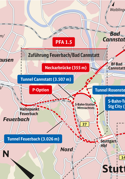 Kartenausschnitt von Stuttgart Hbf, Feuerbach und den Tunneln Cannstatt, Feuerbach, die S-Bahn und die P-Option