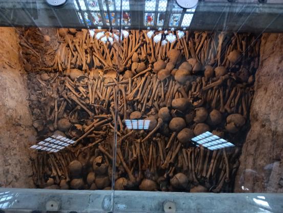 Foto des Beinhauses in der Evangelischen Stadtpfarrkirche Sankt Michael in Schwäbisch Hall.  Unterhalb des Chores gelegen, sind die menschlichen Schädel und Knochen unter einer Glasplatte sichtbar. In der Glasplatte spiegeln sich einige "bunte" Kirchenfenster. 
Übrigens: 
1963 stieß man bei Bauarbeiten auf das alte Beinhaus.