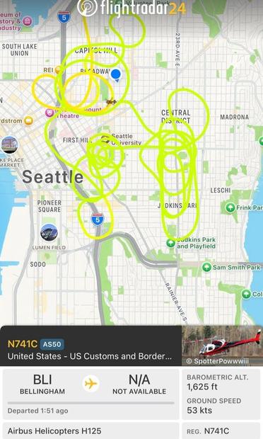 Flight path for a helicopter operated by Customs and Border Patrol showing the craft flying dozens of circles over Seattle's Capitol Hill neighborhood.