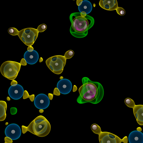 A volume-rendering of the Laplacian of the electron density in a guanine quadruplex found DNA telomeres.