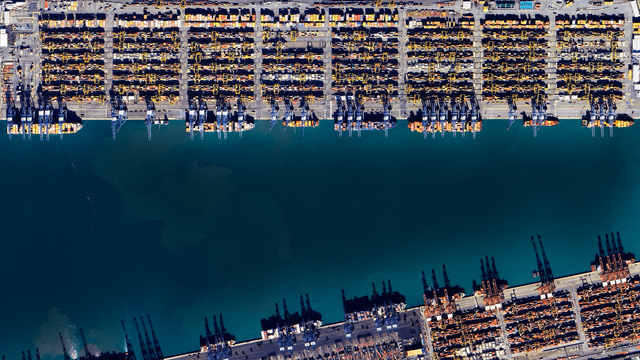 a satellite picture of a big commercial harbor filled with shipping containers and cargo ships.
there are lots of automated cranes all around the blue shipping channel taking up all the middle of the frame