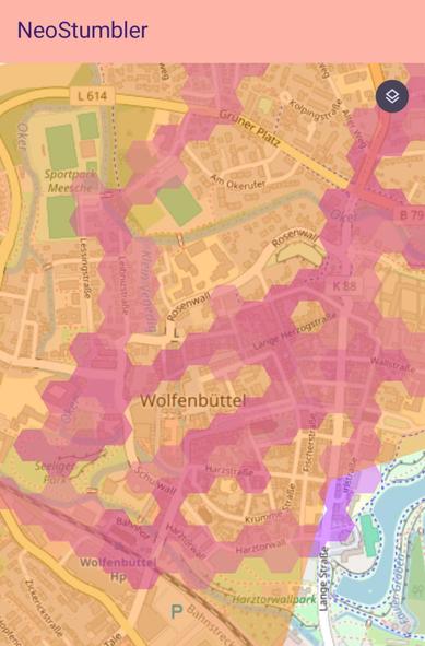 Screenshot of Neostumbler showing the inner city of Wolfenbüttel and more mapped