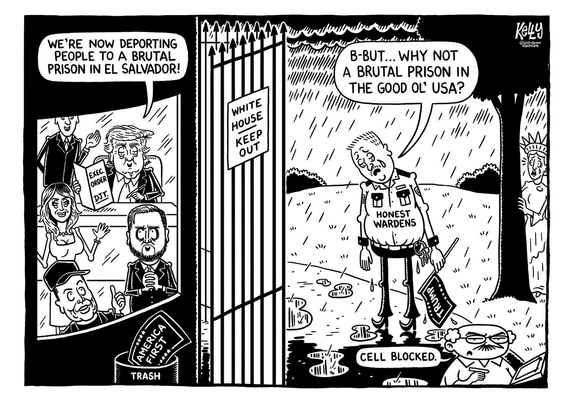 a black and white political  cartoon, it shows on the left tump and his goons signing an order to send prisoners to el salvador, on the right  the white house fence is a sad warden, his chest has the words 'honest wardens' on it, he is holding a trump flag, looking sad, saying 'b-but ..why not a brutal prison in the good ol' usa?' , on the left side is a trash can with an 'america first' sign in it, a cartoon cartoonist in the lower right corner saying 'cell blocked'