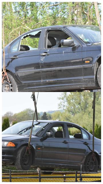 Eine Collage aus zwei Bildern des Autos der Journalisten, welches grade zum Abschleppen an Haken hochgenommen wird. Die seitlichen Scheiben sind eingeschlagen.
Um das Hochkantbild ist ein kleiner weißer Rahmen