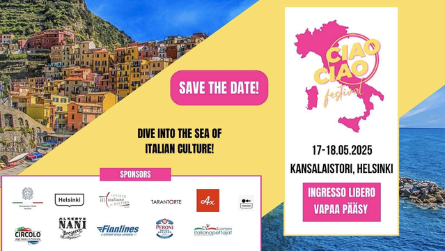 Promotional poster of the Ciao Ciao Festival, with a Cinque Terre backround, various sponsors and the date & place: 17th & 18th of May, Kansalaistori, Helsinki. Free entrance