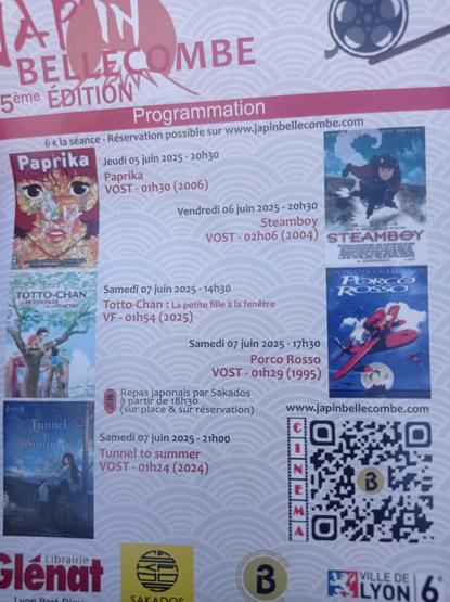 Films sélectionnés :
Paprika, SteamBoy, Totto-Chan la petite fille à la fenêtre, Porco Rosso, Tunnel to Summer