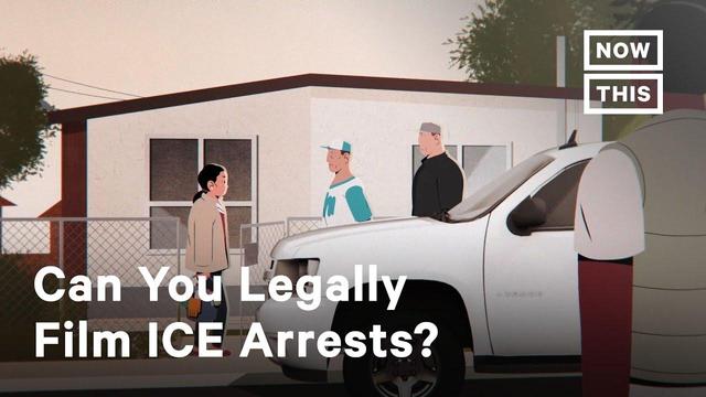screenshot from a youtube animation video talking about how to film an ice arrest; 2 ice agents are trying to arrest a woman leaving her house