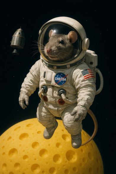 Rat in space over a cheesy planet.