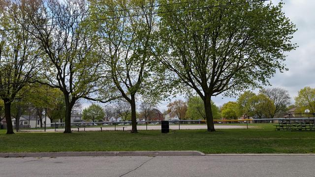 A landscape view of the park across the street. The grey road is below, and trees line the foreground and background, showcasing their beautiful, small, brht green leaves beginning to come out. The sky is mostly cloudy, but features a bit of blue. This section of park shows a baseball diamond.