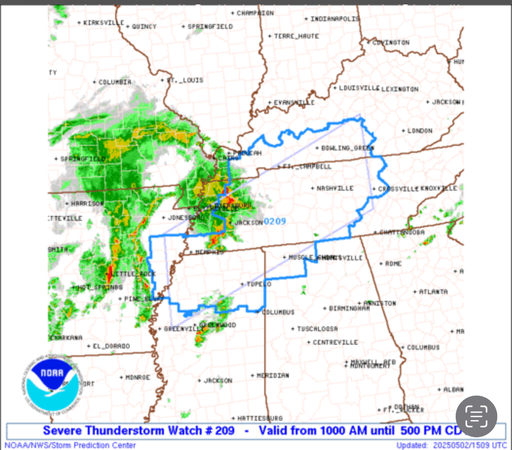 Graphic indicating Severe Thunderstorm Watch for portions of       Northwest Alabama      East Central Arkansas      Southern Kentucky      Northern Mississippi      Western and Middle Tennessee