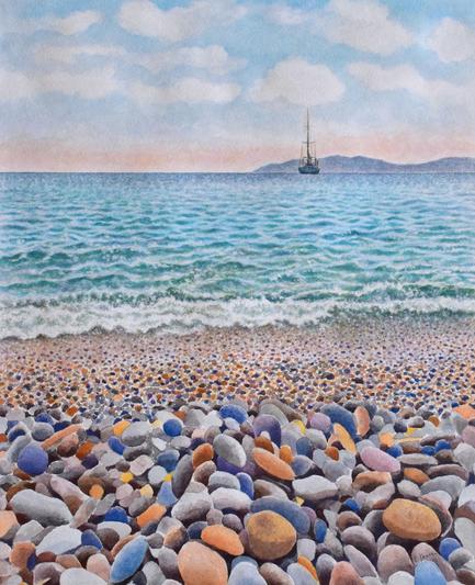Watercolor painting of ocean waves and a rocky beach. Colorful rocks, turquoise waves, ship and hills in the distance. Blue sky with clouds.