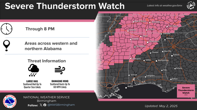A severe thunderstorm watch has been issued through 8 PM. Additional counties may need to be included in a future update. Stay tuned to the latest.