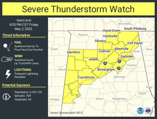 A Severe Thunderstorm Watch is in effect for Cullman, Madison, Morgan, DeKalb, Jackson, and Marshall counties in Alabama until 8 PM CDT.