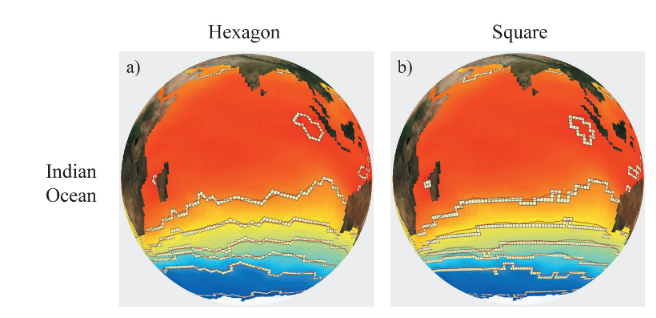Figure comparing hexagon and square grids for extracting isolines.