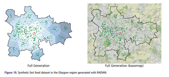 Example of the synthetic fast food dataset in Glasgow region created with RADIAN, left with the generation background and right, shown on OpenStreetMap.
