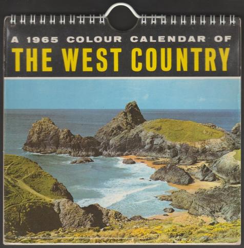 Printed colour spiral bound calendar with a plastic cover to the front, featuring 12 photos of the West Country, Cornwall, Devon, Somerset and Bristol, one for each month of the year 1965. Photos are Kynance Cove, Cornwall (front cover), Mending the Nets, Brixham, Devon (January 1965), The Beach and North Hill, Minehead, Somerset (February 1965), Fowey, Cornwall (March 1965), The Harbour and Mars Hill, Lynmouth, Devon (April 1965), Padstow, Cornwall (May 1965), Torquay Harbour, Devon (June 1965), Weston-Super-Mare, Somerset (July 1965), Tolcarne Beach, Newquay, Cornwall (August 1965), The Yealm Estuary, Newton Ferrers, Devon (September 1965), Gurnards Head, Cornwall (October 1965), Putsborough Sands looking towards Woolacombe, Devon (November 1965) and the Bristol Suspension Bridge (December 1965). 

Published by Jarrold & Sons Ltd, Norwich, 1965, 6 inches by 6 inches or 25cms x 25cms.

Good condition, with slight corner bumps.